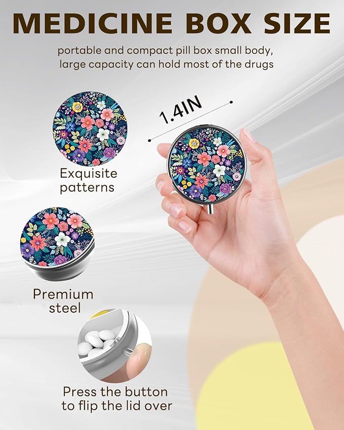 LRITER Pill Case, Portable Travel Pill Box, Pillbox Organizer, Cute Small Medicine Storage Container, Purse Accessories for Women, Men (Pill Case-Flower)