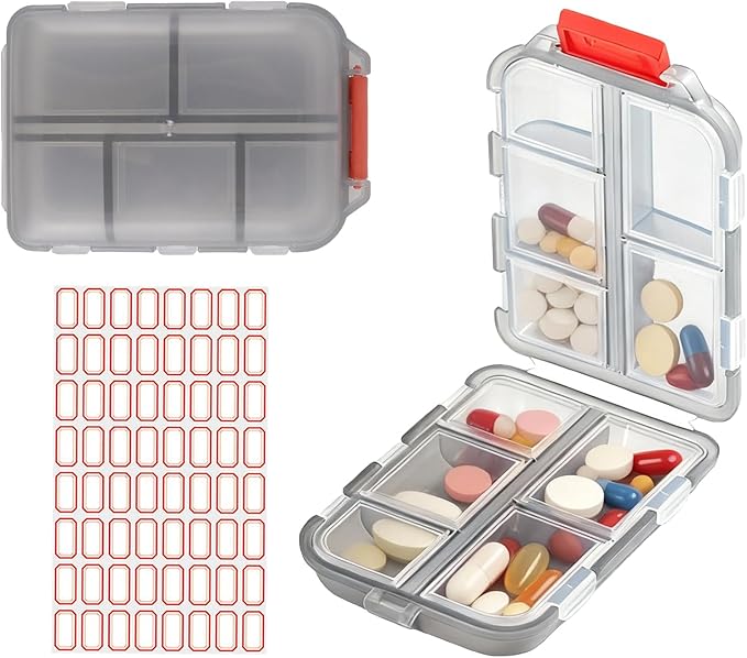 2Pack Travel Pill Organizer - 10 Compartments Pill Case with 64 Stickers, Pill Organizer 2 Times A Day, 10 Days Portable Compartments for Vitamins, Fish Oils, Supplements(Gray)