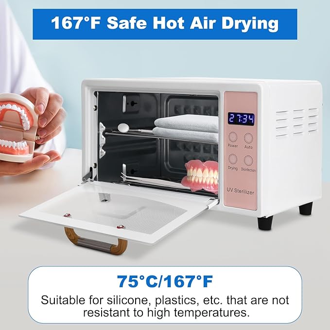 Sterilizer for Nail Tools, 10L Multifunctional Nail Tool Cleaning Machine, Nail Tool Sterilizer with 167℉ Hot Air, Adjustable Tiers, LED Display, For Hair, Salon, Spa, Nail, Salon (Pink)
