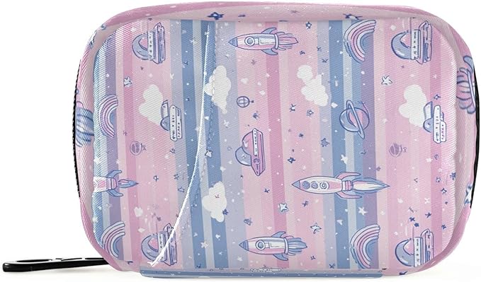 Pink Rockets Satellites Stars Clouds Travel Pill Organizer Case Box Container Weekly Portable Vitamin Medicine Holder Storage Bag with Zipper Removable