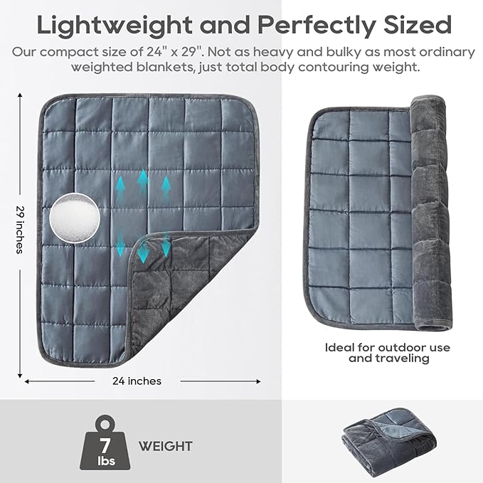 Weighted Blanket 7lbs for Adults (Double-Sided), Small Weighted Lap Pad with Reversible Warm Crystal Velvet and Cooling Tencel, Weighted Throw for Travel, Relaxationf|Machine Washable, Grey, 29" x 24"