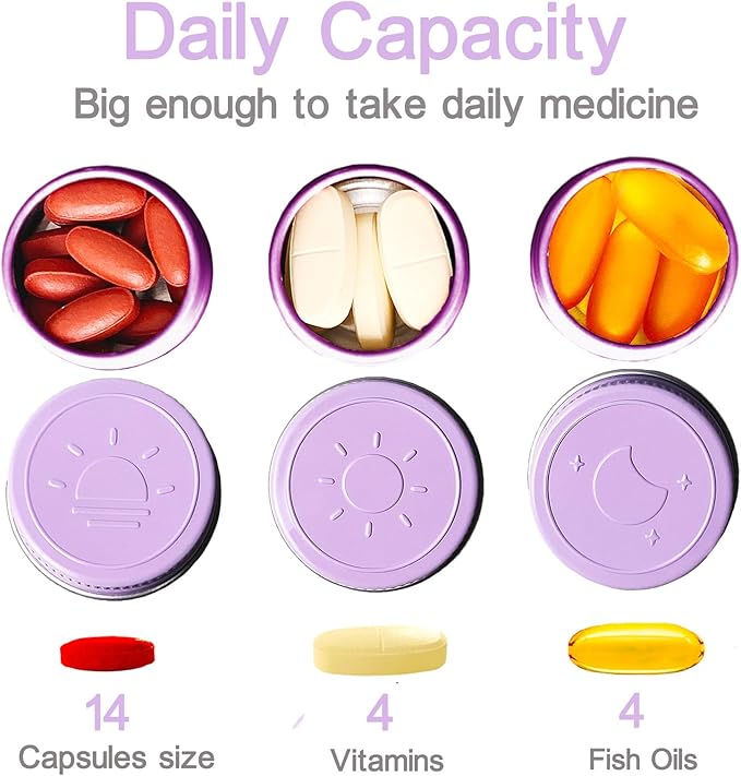 Extra Small Single Pill Box for Purse (3 Pack), Aluminum Screw Top Pill Container, 3 Times a Day Portable Waterproof Single Pill Case for Vitamins, Fish Oils, Supplements (Light Purple)