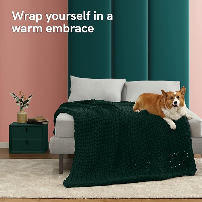 YnM Knitted Weighted Blanket, Handmade Chunky Knitted Design, Soft and Cozy, Temperature Regulating and Breathable, Machine Washable Throw for Sleep or Home Decor (Pacific Green, 50x60 Inch, 10lbs)