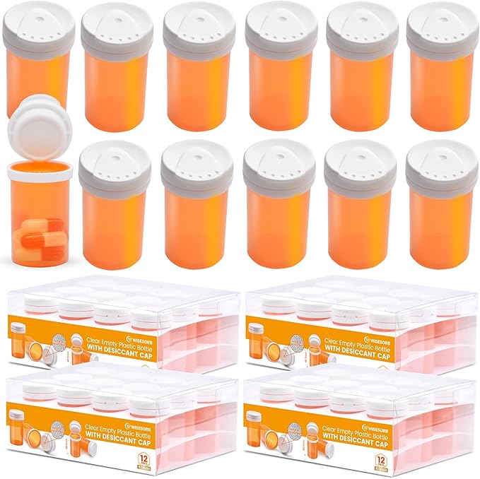 Pill Bottle with Desiccant Cap, Medicine Bottle, Pill Bottles Empty with Caps, Empty Pill Bottles (6 Dram, 48 Pack)