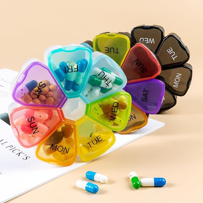 7 Day Pill Case for Medication, Vitamins, Fish Oils, Supplements, Travel Pill Box (Glitter Clear)