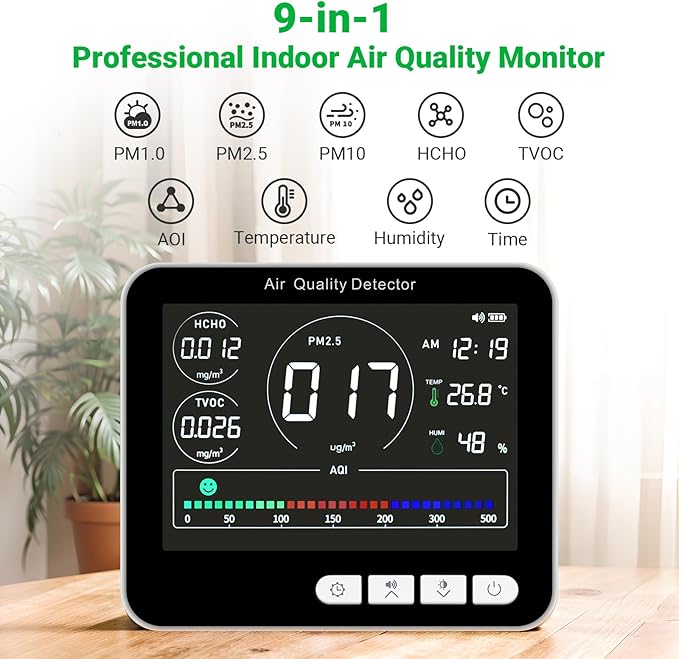 BIBIRE 14-in-1 Air Quality Monitor Indoor with Beep Alarm, 6 AQI Air Detector with PM1.0|PM2.5|PM10|HCHO|TVOC|AQI|Temperature|Humidity|Time for Home, Hotel, Office, Car, Battery Powered