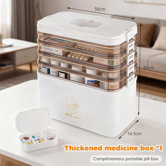 5-Tier Medicine Organizer-12 x 7 x 12.2 Inch Portable Medicine Cabinet Organizer with Plastic Handle All-Purpose Medical Box with Complimentary Portable Pill Box Empty First Aid Kit for Home