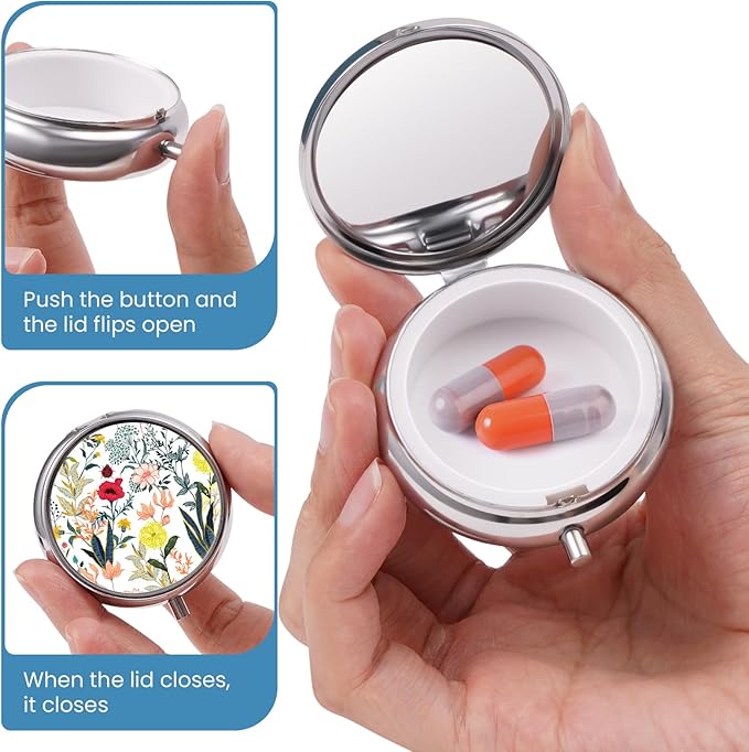 Mini Pill Box, Small Pill Box, Portable Pill Box, Cute Pill Organizer for Vitamins, Medications, Fish Oil and Supplements (White Flowers)