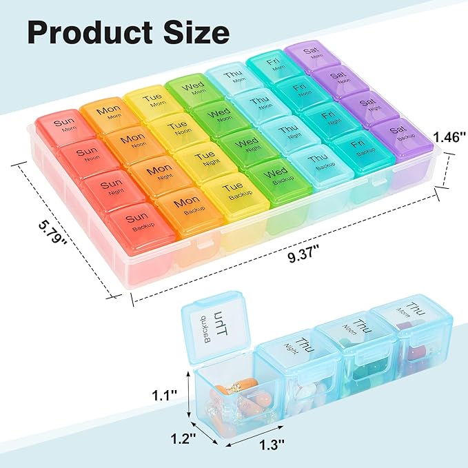 Large Weekly Pill Organizer, 4 Times a Day, 7-Day Moisture-Proof Pill Box with 28 compartments, Capable of Accommodating Large Amounts of Vitamins, Supplements, Fish Oil, and Medicine (White)