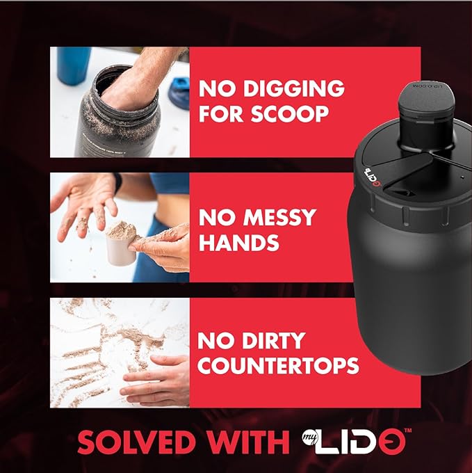 MYLIDO Protein Dispenser Scoop Powder Dispense Supplement Funnel Universal Size Fits All Brands, Pre and Post Workout BPA Free Hands Clean Attachment Container Lid MyLid-O