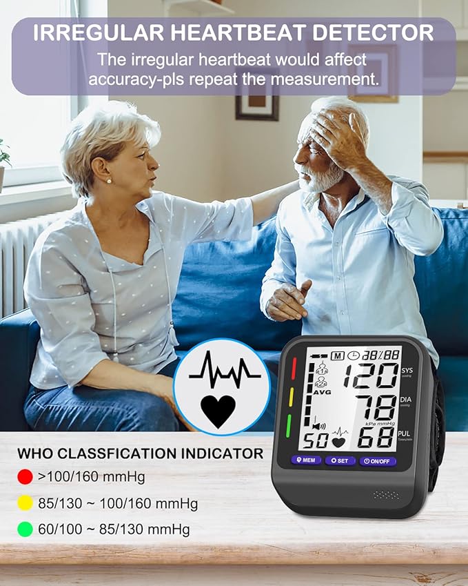 Wrist Blood Pressure Monitor, Blood Pressure Monitor with Adjustable Wrist Cuff, 3-Color Indicator, Dual 198 Reading Memory, Large LCD Display Digital BP Machine