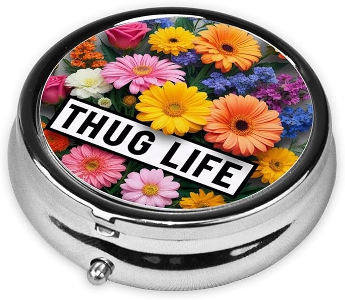Thug Life Flowers Printed Pill Organizer,Round Travel Pill Organizer Mini Medicine Pill Box for Purse Iron Plating