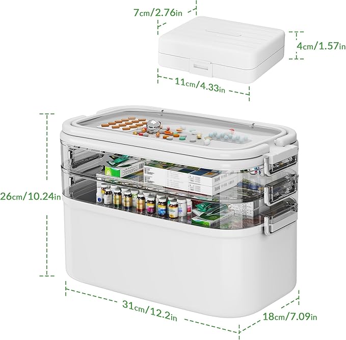 NiHome 4-Tier Medicine Organizer Box with Pill Case, 12.2"x7.09"x10.24" Large Portable Medication Storage for Home & Travel, Adjustable Moisture-Resistant Layers, Easy-Access Lid & Handles