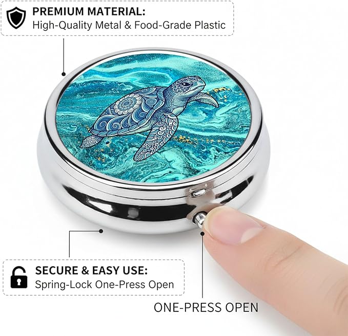 Round Pill Case Small Pill Box with Mirror Pocket 3 Compartment Vitamin Pill Medicine Case Organizer Pill Containers for Traveling Sea Turtle Wave Two