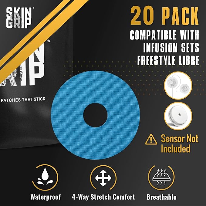 Skin Grip Universal Adhesive Patches for CGM and Insulin Pumps with Cutout (20-Pack), 0.8-Inch Hole, Waterproof & Sweatproof for 10-14 Days, Glucose Monitor Patch, Diabetic Sensor Cover, Blue