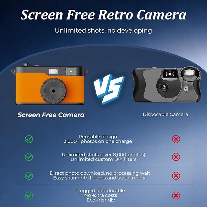 Screen Free Digital Camera, Reusable 12MP Vintage Digital Camera with Unlimited DIY Filters, OTG Support and Flash Light for Summer Camp with 32GB Micro SD Card, OTG Adapter and Type-C Cable（Orange）