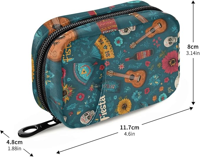 Green Fiesta Skulls Guitars Flowers Travel Pill Organizer Case Box Container Weekly Portable Vitamin Medicine Holder Storage Bag with Zipper Removable