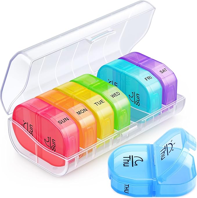 Weekly Pill Organizer 2 Times a Day, ZIKEE AM PM Pill Box with 7 Detachable Pill Case, BPA-Free & Portable 7 Day Pill Organizer with Large Storage to Hold Medication, Vitamins and Fish Oils (Clear)