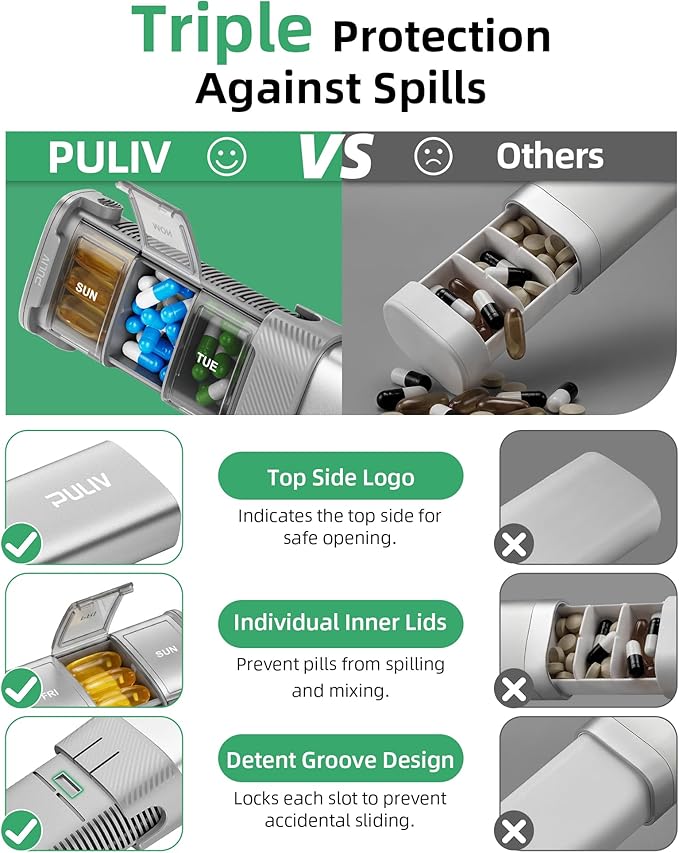 PULIV Metal Weekly Pill Organizer with Sturdy & Sleek Aluminum Alloy Case, Pill Case with Triple Protection Against Spilling, Compact Travel Pill Box 7 Day for Vitamins, Fish Oil, Supplements, Silver