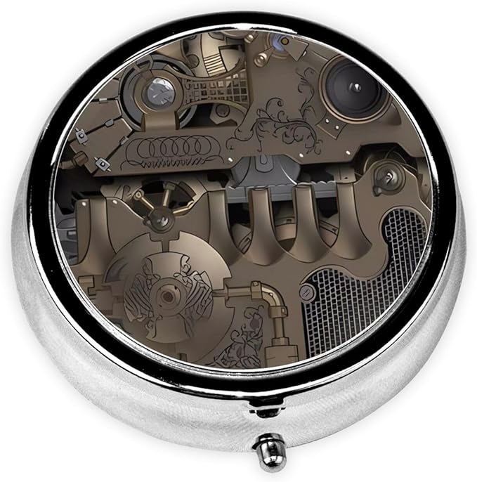 Steampunk Mechanical Gears Printed Round Travel Pill Box Cute Small Metal Pocket Pill Case for Men & Women 3 Compartment Portable Pill Organizer for Purse or Pocket