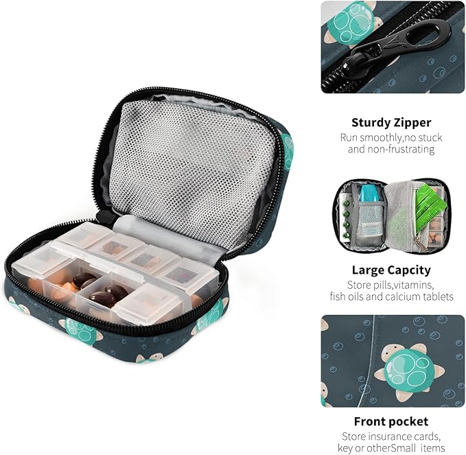 Cute Sea Turtle Pill Box 7 Day Pill Case Travel Pill Organizer Bag with Zipper Portable Weekly Case Compact Size for Vitamin Supplement Holder