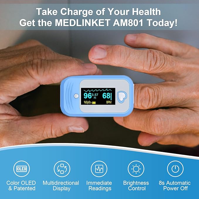 AM801 Pulse Oximeter Medical Grade, High Precision Finger Oxygen Monitor Measures SpO2, Body Temperature, PR, Perfusion Index, Plethysmograph, Alarm for Abnormal Blood Oxygen for Home Clinic