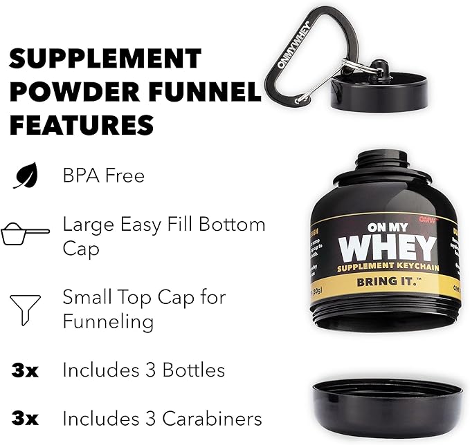 OnMyWhey - Protein Powder and Supplement Funnel Keychain, Portable to-Go Container for The Gym, Workouts, Fitness, and Travel - TSA Approved, Classic 3-Pack