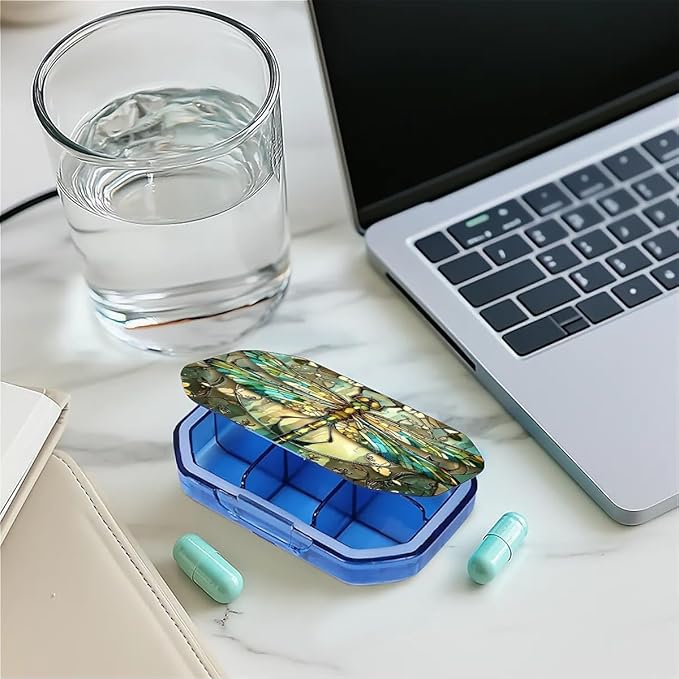 This Portable Vintage Stained Glass Dragonfly Pattern 6-Compartment Pillbox Can Be Placed in A Pocket Or Wallet to Store Vitamins, Medicines Fish Oil Health Supplements Other Medications.