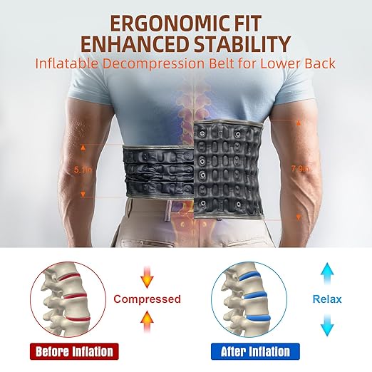Red Light Therapy Decompression Back Belt with Heating, Vibration Massage & Electric Pump, Cordless Inflatable Back Brace for Lower Back Pain Relief, One Size Fits 29–49" Waist – Blue
