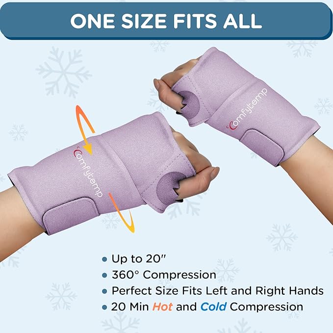 Comfytemp Wrist Ice Pack Wrap for Carpal Tunnel Relief, 2 Gel Packs, Hot Cold Compression Brace for Hand Injuries Reusable, Tendonitis, Men Women Recovery Item (Purple)