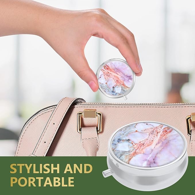 Nipichsha Pill Box, Small Pill Case for Purse & Pocket, Cute Travel Medicine Organizer, Portable Medicine Container Holder to Hold Vitamins, Medication, Fish Oil & Supplements, Marble Pink