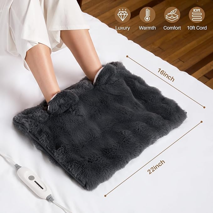 Electric Foot Warmer, Luxury Faux Fur Heating Pad for Feet Pain Relief Cramp, Heated Foot Warmer for Under Desk & Bed with 3 Heat Settings & 2H Auto-Off, ETL Certified, 16x22 Inch, Dark Grey