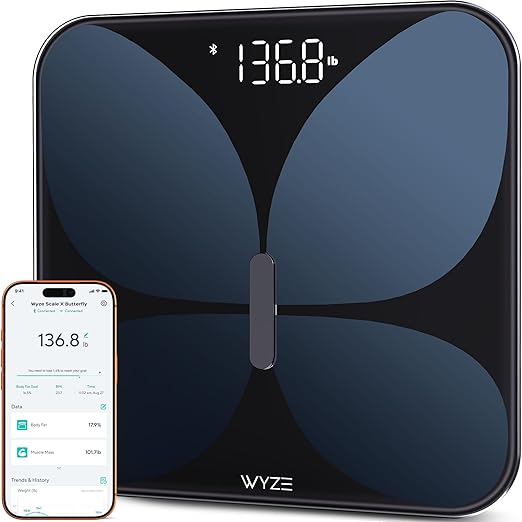 Wyze Smart Scale X Butterfly - Bathroom Scale for Body Weight, BMI, Body Fat, Muscle Mass, Accurate Bluetooth Digital Scale for Body Composition Analyzer | Sync Health Apps | ITO Glass, 400 lbs, Black