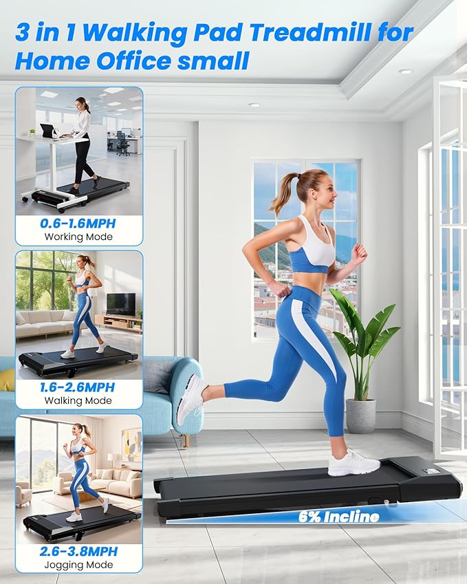 MJWW Walking pad, 6% Manual Incline Under Desk Treadmills, 300 LBS Walking pad treamill, 3 in 1 Treadmills for Home & Office, Portable treamill with LED Display