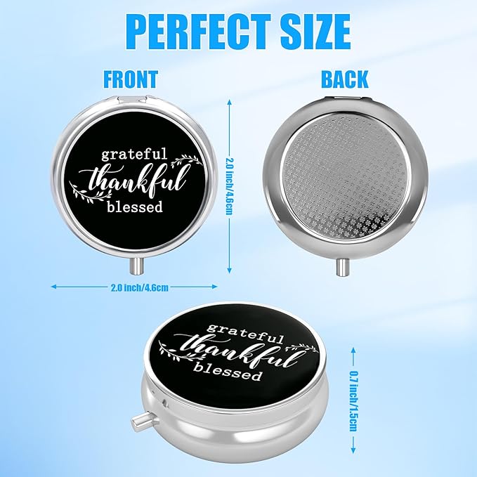 Thankful Grateful Blessed Pill Case, Pill Box 3 Compartments Metal Small Pill Holder with Mirror Mini Travel Pill Container for Purse Pocket Women Men