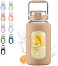 84oz Glass Water Bottle with Stainless Steel Handle,2.4L Gallon Water Bottle with 2-IN-1 Straw Lid, Silicone Sleeve and Motivational Capacity Marker, Wide Mouth Water Jug For Gym, Workout, Amber