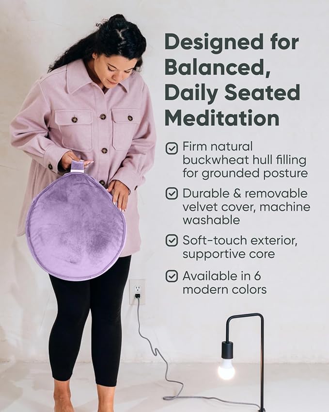 Mindful Modern Velvet Meditation Cushion | Luxe Zafu Yoga Floor Pillow Seat | Posture Support | Buckwheat Hull Filled | Large Round Cushion with Removable Washable Cover + Carry Handle