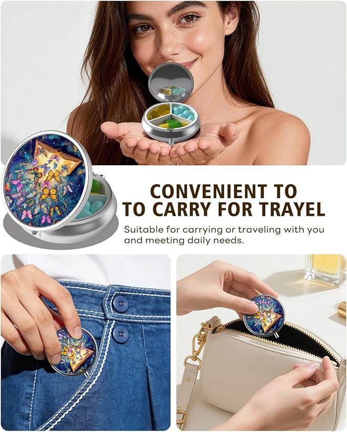 LRITER Pill Case, Portable Travel Pill Box, Pillbox Organizer, Cute Small Medicine Storage Container, Purse Accessories for Women, Men (Butterfly Book)