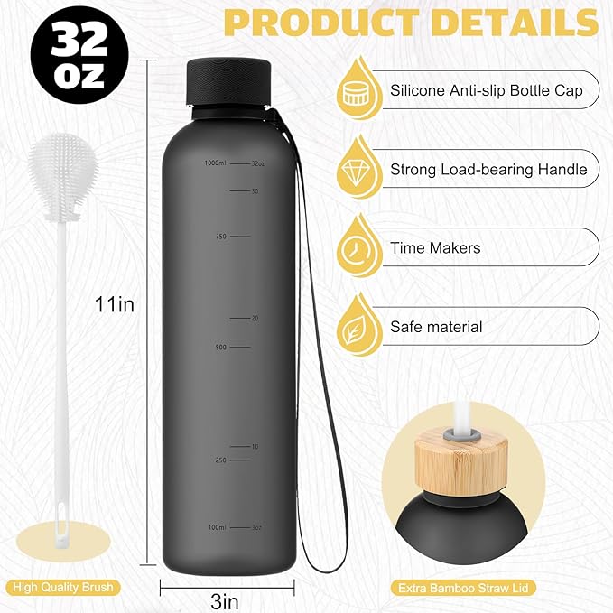 32oz Slim Water Bottle [Lightweight & Shatterproof] with Straw and 2 Lids, Stainless Steel Lid & Bamboo Straw Lid for Travel, Sports, School, Gym- Dishwasher Safe(Black Clear)
