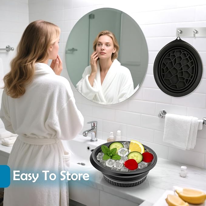 XANGNIER Face Bowl for Ice with Built-In Ice Tray – Collapsible Silicone Facial Ice Bath Bowl for Cold Plunge Therapy, Skin Tightening & Acne Relief – Black Portable Spa Tool for Home & Travel