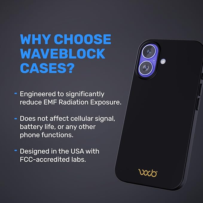 WAVEBLOCK EMF Protection Silicone iPhone Case, Radiation Blocker Cell Phone Case, 5G Shield Reduction, Lightweight, USA Patented and Tested in FCC Lab, iPhone 16 Black