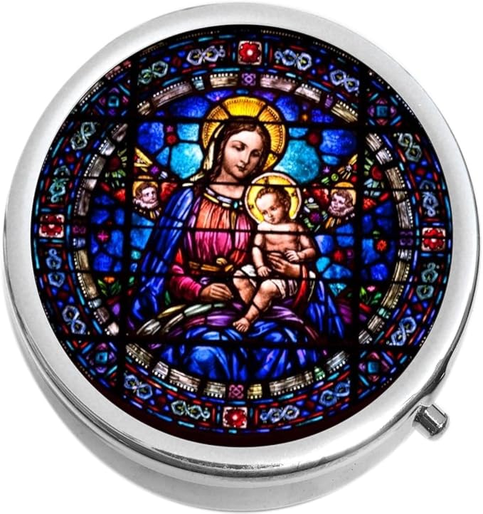 NewCharms Stained Glass Mary and Baby Jesus 3-Compartment Easy Open Pill Box