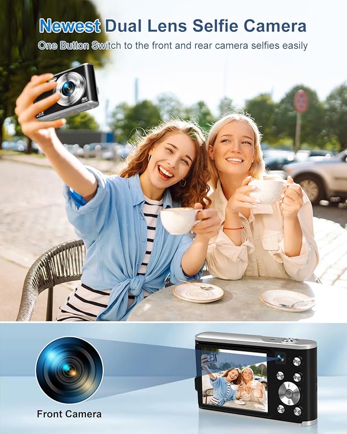4K Digital Camera for Photography, 48MP Dual Cameras for Photography, 16X Digital Zoom Point and Shoot Cameras with 32GB Card & 2 Batteries Camera for Boys Girls Kids - Black