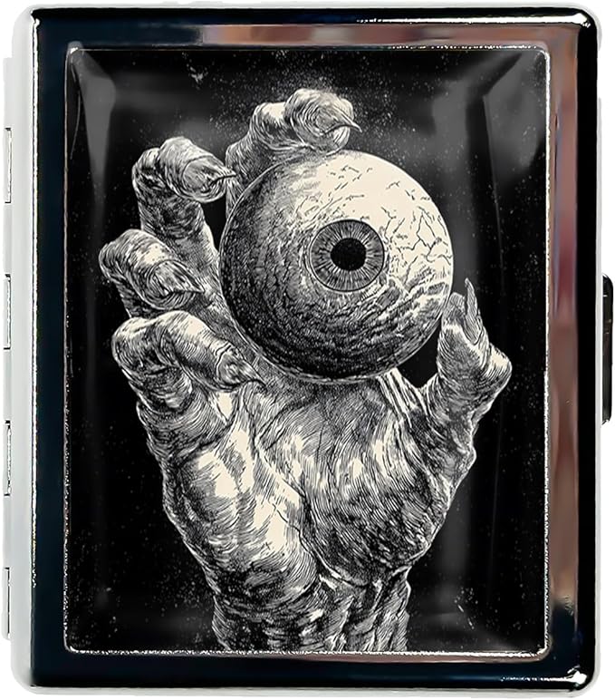 Metal Pill Organizer Box with Mirror – 8 Compartment Chrome Pill Case, Pocket-Size Travel Pill Container for Vitamins, Seniors, Daily Use (Grayscale Horror Eyeball)