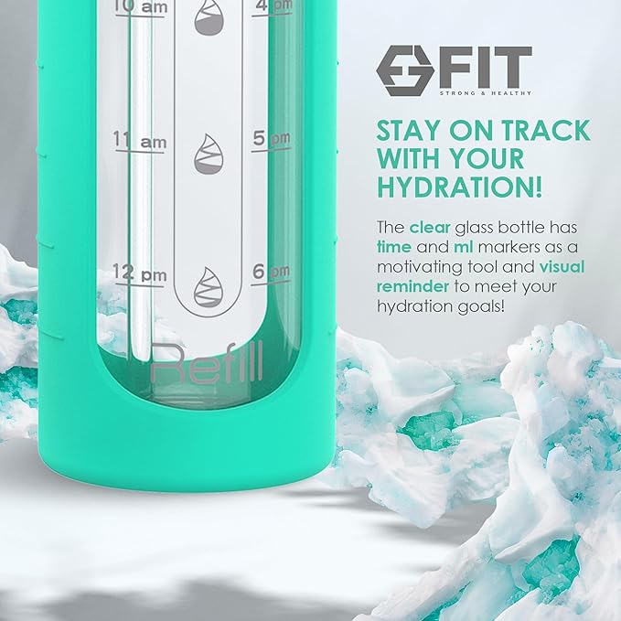 FIT Strong & Healthy 32 oz Glass Water Bottle with Straw Lid - Wide Mouth Borosilicate Glass Water Bottles with Time Marker, Silicone Sleeve & Extra Lid - 1L Large Motivational Drinking Bottle