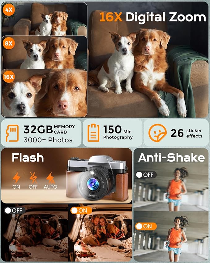 4K Digital Camera for Photography Autofocus, 64MP WiFi Vlogging Camera for YouTube with 3'' 180° Flip Screen,16X Zoom Anti-Shake, 32GB Card, Compact Travel Point and Shoot Digital Cameras (Brown)