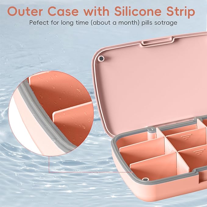 9-Compartment Magnetic Pill Organizer - Daily Pill Case with Adjustable Compartments, Waterproof Silicone Seal for Travel, Home & Office Use (Pink)
