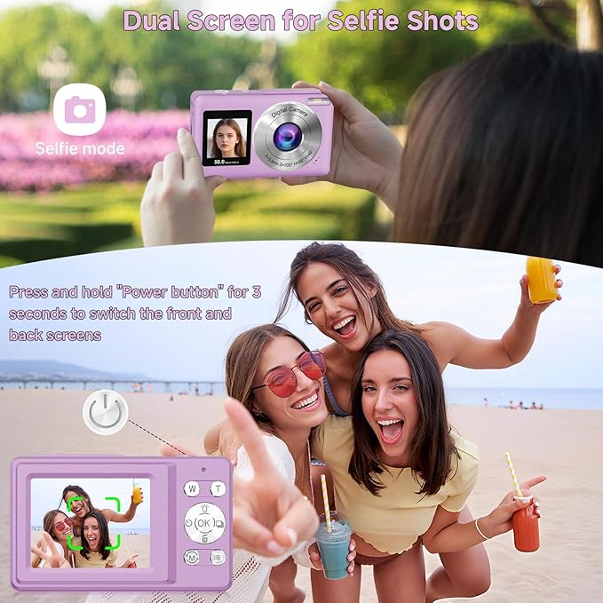 Digital Camera, 56MP 2.7K Dual-Screen Selfie Camera with 16X Zoom, 20 Filters & Anti-Shake, Portable Point and Shoot Digital Cameras with 32GB Card, Compact Travel Cameras for Beginners Teens Kids