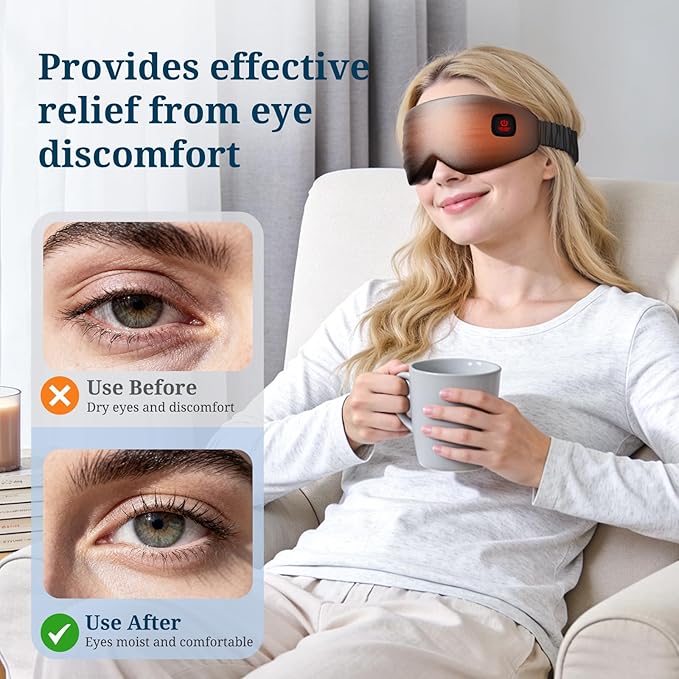 100% Silk Wireless Heated Eye Mask with Cooling - 3 Heat Settings, for Dry Eyes, Puffiness & Dark Circles - Adjustable, Washable, Travel-Friendly (Black)