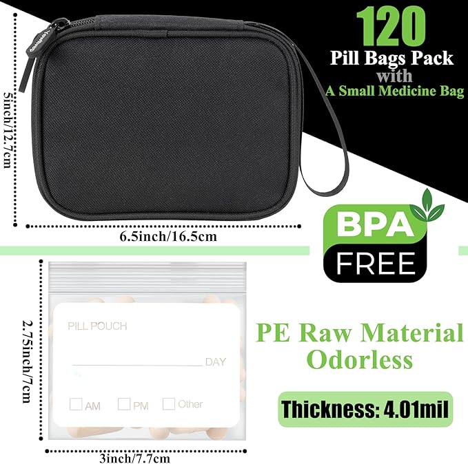 Pill Pouch Bags for Travel with Medicine Bag, Pack of 120 BPA Free 3 x 2.75 inch Reusable Pill Bag for Medicine with Write on Label Clear Ziplock Seal Daily AM PM Pill Baggies for Medicine Organizer